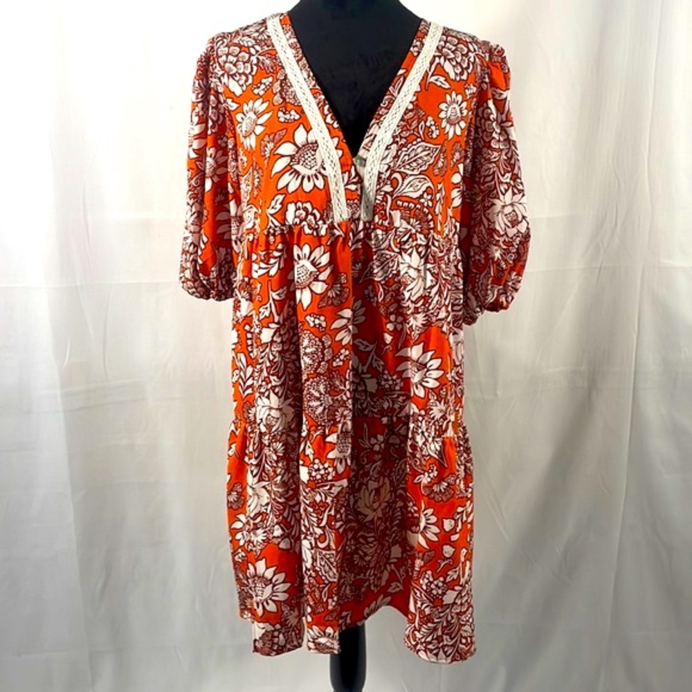 Women’s Orange Floral V-Neck Tunic Dress